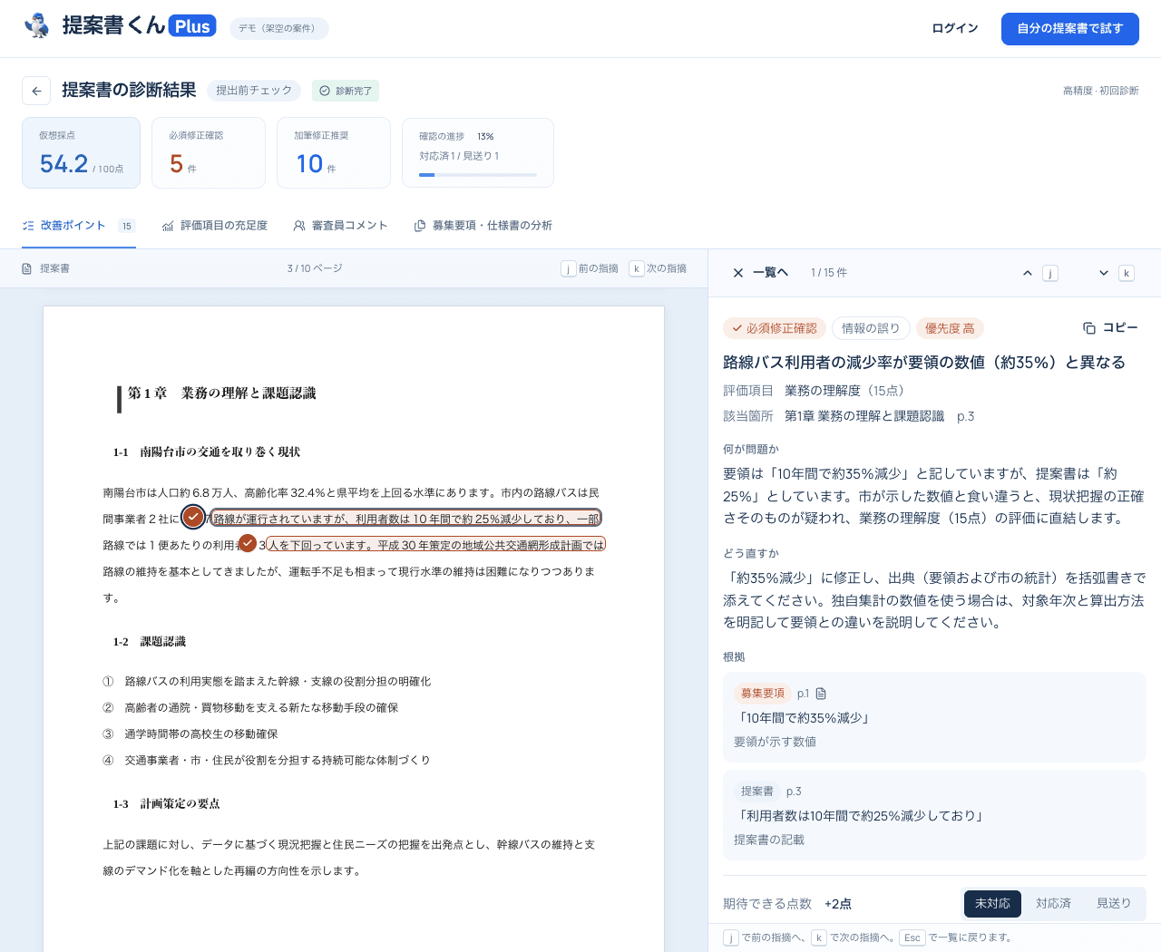 必須修正の指摘を選ぶと、資料上の対象箇所と修正の理由が表示される製品画面